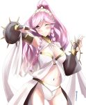  1girl absurdres armlet braid bridal_gauntlets closed_mouth fire_emblem fire_emblem:_kakusei hairband high_ponytail highres long_hair midriff navel olivia_(fire_emblem) one_eye_closed pink_eyes pink_hair simple_background sketchy smile solo twin_braids twitter_username v white_background 