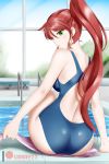  1girl alfred_cullado ass bare_shoulders blue_swimsuit breasts butt_crack from_behind green_eyes hair_between_eyes highres indoors long_hair looking_at_viewer looking_back medium_breasts one-piece_swimsuit parted_lips ponytail pool poolside pyrrha_nikos redhead rwby shiny shiny_hair shiny_skin solo swimsuit towel very_long_hair water 