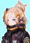  1girl abigail_williams_(fate/grand_order) absurdres bangs black_bow black_jacket blonde_hair blue_background blue_eyes blush bow closed_mouth crossed_bandaids fat123 fate/grand_order fate_(series) hair_bow hair_bun highres jacket light_smile long_hair looking_at_viewer orange_bow parted_bangs polka_dot polka_dot_bow sketch solo 