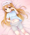  1girl arm_up bike_shorts blue_shirt blush brown_eyes brown_hair grey_shorts hand_on_own_stomach hand_to_own_face hat hataraku_saibou highres long_hair lying navel on_back platelet_(hataraku_saibou) pyonko_(pyonko_pyonko) shirt shirt_lift shorts solo 