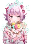  1girl absurdres braid brown_eyes commentary_request crepe food hair_flaps hair_ornament hair_ribbon hairclip highres hood hooded_jacket ice_cream ice_cream_cone idolmaster idolmaster_cinderella_girls jacket jewelry koshimizu_sachiko lavender_hair looking_at_viewer nail_art patch ribbon ring short_hair snack solo upper_body waffle_cone white_background 
