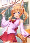  1girl :d animal_ears arm_up bangs bare_shoulders bell blue_eyes blurry blurry_background blush brown_hair classroom commentary_request depth_of_field detached_sleeves dual_wielding eyebrows_visible_through_hair fingernails food fox_ears fox_girl fox_tail hair_bell hair_ornament hair_ribbon hairclip highres holding holding_food indoors jingle_bell kemomimi_oukoku_kokuei_housou long_hair long_sleeves looking_at_viewer mikoko_(kemomimi_oukoku_kokuei_housou) mikomiko_(mikomikosu) open_mouth oversized_object pleated_skirt pocky red_ribbon red_skirt ribbon ribbon-trimmed_legwear ribbon_trim round_teeth skirt smile solo tail teeth thigh-highs twintails upper_teeth virtual_youtuber white_legwear wide_sleeves 