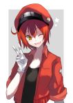  1girl ae-3803 ahoge beret black_shirt breasts collarbone gloves hair_between_eyes hat hataraku_saibou jacket kayanogura looking_at_viewer name_tag one_eye_closed open_mouth red_blood_cell_(hataraku_saibou) red_jacket redhead shirt short_hair short_sleeves small_breasts smile solo t-shirt upper_body v white_gloves 