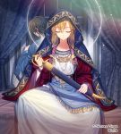  1boy 1girl barefoot brown_hair closed_eyes copyright_name curtains dress facing_viewer hair_between_eyes hand_up indoors interitio jewelry long_hair necklace on_bed original sheath sheathed sid_story sitting sword watermark weapon white_dress window 