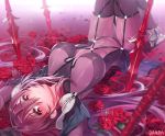  1girl armor artist_name bangs blush bodysuit boots commentary_request covered_navel damda fate/grand_order fate_(series) flower hair_between_eyes lance long_hair looking_at_viewer lying on_back parted_lips pauldrons petals planted_weapon polearm purple_hair red_eyes red_flower red_rose rose scathach_(fate)_(all) scathach_(fate/grand_order) signature solo sparkle upside-down weapon 