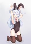  1girl animal_ears armpits black_leotard blue_eyes brown_legwear bunny_girl bunny_pose bunny_tail bunnysuit detached_collar full_body gradient gradient_background grey_background hibiki_(kantai_collection) highres kantai_collection kneeling leotard long_hair looking_at_viewer neck_ribbon no_shoes open_mouth rabbit_ears red_ribbon reitou_mikan ribbon silver_hair solo strapless strapless_leotard tail thigh-highs wrist_cuffs 