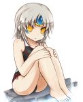  closed_mouth collarbone elsword facial_mark highres looking_at_viewer morumoru00 silver_hair sitting swimsuit wet white_background yellow_eyes 
