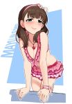  1girl bare_arms bare_shoulders bikini bikini_skirt blush breasts brown_hair cleavage green_eyes hairband idolmaster idolmaster_cinderella_girls looking_at_viewer medium_hair pink_bikini pink_hairband pink_swimsuit sakuma_mayu smile solo swimsuit 