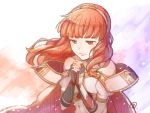  1girl armor cape celica_(fire_emblem) dress earrings fingerless_gloves fire_emblem fire_emblem_echoes:_mou_hitori_no_eiyuuou fire_emblem_heroes gloves jewelry long_hair red_eyes redhead smile solo tiara yukimiyuki 