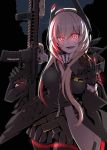  1girl bandage blood girls_frontline gloves glowing glowing_eyes grin gun highres looking_at_viewer military miniskirt personification pink_hair pleated_skirt red_eyes rifle shino_(r_shughart) skirt smile solo sopmod teeth thigh-highs weapon 