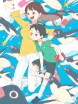  1boy 1girl aoyama-kun_(penguin_highway) bird black_hair black_shorts blue_footwear blue_sky brown_eyes brown_hair cheeseko green_shirt hand_on_another&#039;s_shoulder jumping long_hair notebook onee-san_(penguin_highway) open_mouth penguin penguin_highway shirt shorts sky socks t-shirt white_legwear yellow_shirt 