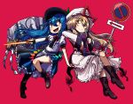  2girls awa_(bihidasu) bare_legs blonde_hair blue_hair boots bow bowtie brown_footwear cross-laced_footwear gap hat hinanawi_tenshi keystone lace-up_boots long_hair long_sleeves looking_at_another mob_cap multiple_girls red_background red_eyes ribbon road_sign short_sleeves sign skirt smile sword_of_hisou touhou v-shaped_eyebrows yakumo_yukari yellow_eyes 