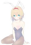  1girl alice_margatroid animal_ears arm_support bangs bare_arms bare_shoulders blonde_hair blue_eyes blue_hair blush breasts brown_legwear bunny_day bunny_girl collarbone commentary_request covered_navel fake_animal_ears gradient_hair hair_between_eyes hairband looking_at_viewer medium_breasts multicolored_hair nirap no_shoes pantyhose rabbit_ears red_hairband shiny shiny_legwear shiny_skin short_hair simple_background sitting solo thighs touhou wariza white_background wrist_cuffs 