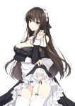  1girl bangs bare_shoulders black_dress blue_eyes blush bow bow_panties brown_hair commentary_request detached_sleeves dress dress_lift eyebrows_visible_through_hair fingernails garter_belt hair_between_eyes hand_up head_tilt highres lifted_by_self long_hair long_sleeves looking_at_viewer maid maid_headdress mole mole_under_eye off-shoulder_dress off_shoulder original panties parted_lips simple_background solo thigh-highs underwear verjuice very_long_hair white_background white_legwear white_panties 