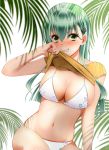  1girl aqua_eyes aqua_hair bikini blush breasts closed_mouth curvy eyebrows_visible_through_hair floral_print hair_between_eyes hair_ornament hairclip highres kantai_collection kiko_(okuwae) large_breasts lifted_by_self long_hair looking_at_viewer plump smile solo suzuya_(kantai_collection) swimsuit 