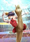  1girl adsouto armpits artist_name axe_kick bangs bare_shoulders bell bell_earrings black_hair blue_sky blush braid breasts brown_eyes brown_pants camera_flash china_dress chinese_clothes clouds commentary commentary_request confetti crowd detached_sleeves dress earrings english_commentary fighting_stance glint hair_bell hair_ornament high_kick highres jewelry kicking leg_lift leg_up legs light_rays lin_lin_(one-punch_man) lipstick makeup one-punch_man open_mouth outdoors pants red_dress scarf sky solo split stadium standing standing_on_one_leg standing_split sun sunlight twin_braids white_neckwear 