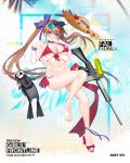  1girl ahoge alternate_costume animal ankle_ribbon arm_under_breasts ass bangs battle_rifle bikini blue_eyes blue_ribbon blush breasts brown_hair choker cleavage collarbone copyright_name cup damaged diving_suit eyebrows_visible_through_hair eyewear_on_head fal_(girls_frontline) ferret floating floating_hair flower fn_fal girls_frontline groin gun hair_between_eyes hair_ribbon hat hat_flower hat_removed hat_ribbon head_tilt headwear_removed knee_up large_breasts logo long_hair looking_at_viewer navel official_art open_mouth red_bikini ribbon rifle sandals scrunchie side-tie_bikini side_ponytail sidelocks single_sandal solo stomach straw_hat suisai sunglasses swimsuit thigh_strap thighs torn_clothes torn_hat untied untied_bikini very_long_hair water_gun weapon wrist_scrunchie wristband 
