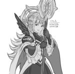  1girl armor cape character_name crown feather_trim fire_emblem fire_emblem_heroes gloves greyscale hair_ornament holding holding_staff krazehkai long_hair long_sleeves monochrome parted_lips shoulder_armor simple_background solo staff veronica_(fire_emblem) white_background wide_sleeves 