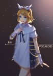  1girl absurdres ang_(6107939) bangs blonde_hair blue_eyes character_name copyright_name hair_ribbon highres kagamine_rin legs miku_symphony_(vocaloid) open_mouth ribbon short_hair solo swept_bangs tattoo thighs vocaloid walking 