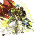  1boy aqua_eyes armor axe battle_axe boots brown_footwear cape cosplay energy ephraim fado_(fire_emblem) fado_(fire_emblem)_(cosplay) fire_emblem fire_emblem:_seima_no_kouseki fire_emblem_heroes full_armor green_armor green_hair highres holding holding_axe holding_shield loincloth male_focus official_art open_mouth pants red_cape robe serious shield short_hair shoulder_armor solo teeth undershirt wada_sachiko weapon white_robe 