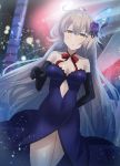  1girl bangs black_gloves blurry blurry_background blush bow breasts building butterfly_hair_ornament chihuri cleavage closed_mouth collarbone depth_of_field dress elbow_gloves eyebrows_visible_through_hair fate/grand_order fate_(series) flower gloves hair_between_eyes hair_flower hair_ornament jeanne_d&#039;arc_(alter)_(fate) jeanne_d&#039;arc_(fate)_(all) light_brown_hair long_hair looking_at_viewer medium_breasts night night_sky outdoors purple_dress purple_flower purple_rose red_bow rose sky skyscraper solo strapless strapless_dress very_long_hair yellow_eyes 