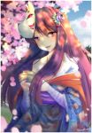  1girl artist_name bandage bandaged_arm bandages blurry blurry_background cherry_blossoms commentary cup day doki_doki_literature_club drinking_glass english_commentary eyebrows_visible_through_hair floral_print flower fox_mask hair_between_eyes hair_flower hair_ornament hairclip hanami holding holding_cup japanese_clothes kimono long_hair looking_at_viewer mask mask_on_head off_shoulder outdoors parted_lips petals purple_hair smile solo takuyarawr violet_eyes wide_sleeves yuri_(doki_doki_literature_club) 