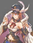 1girl bangs belt black_choker blue_eyes braid breasts brown_hair choker cleavage closed_mouth detached_collar detached_sleeves dress granblue_fantasy grey_background hair_between_eyes hands_up hat hat_feather kanapy large_breasts lecia_(granblue_fantasy) long_hair long_sleeves looking_at_viewer navel neck_ribbon peaked_cap red_neckwear red_ribbon ribbon simple_background smile solo upper_body 
