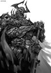  1boy armor belt breastplate cape commentary_request fate/grand_order fate_(series) full_armor gauntlets greyscale hands_on_hilt helmet holding holding_sword holding_weapon horned_helmet kei-suwabe king_hassan_(fate/grand_order) male_focus monochrome pauldrons simple_background skull solo spikes standing sword weapon white_background 