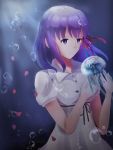  1girl bubble dress expressionless fate/stay_night fate_(series) hair_ribbon heaven&#039;s_feel jellyfish kr15p_t long_hair matou_sakura petals purple_hair ribbon solo underwater violet_eyes white_dress 