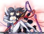  2girls black_hair blue_eyes breasts cleavage impossible_clothes kill_la_kill kiryuuin_satsuki large_breasts long_hair looking_at_viewer matoi_ryuuko mero_(starfish_jcs) multicolored_hair multiple_girls red_string revealing_clothes scissor_blade short_hair sitting smile spiky_hair string two-tone_hair very_long_hair 