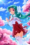  1girl :d bashen_chenyue blue_eyes blue_sky blush bow capelet cherry_blossoms clouds commentary_request day flower green_hair hair_ribbon heterochromia highres long_hair long_sleeves looking_at_viewer looking_back open_mouth original outdoors petals pink_flower pleated_skirt red_bow red_skirt ribbon ribbon-trimmed_legwear ribbon-trimmed_sleeves ribbon_trim shirt skirt sky smile solo thigh-highs tree very_long_hair violet_eyes white_capelet white_legwear white_ribbon white_shirt wide_sleeves 