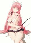  1girl absurdres bikini breasts brown_eyes chaji_h cleavage cropped_legs fate_(series) fingernails highres holding lipstick long_hair looking_at_viewer makeup medb_(fate/grand_order) medb_(swimsuit_saber)_(fate) medium_breasts nail_polish parted_lips pink_hair pink_lipstick pink_nails riding_crop shadow simple_background sitting smile solo swimsuit thigh_gap thighs tiara white_background white_bikini 