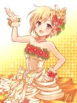  1girl :d aiba_yumi armlet bangs bare_shoulders blonde_hair blush breasts butterfly_hair_ornament cleavage collarbone cowboy_shot dress earrings eyebrows_visible_through_hair flower flower_earrings glint hair_flower hair_ornament highres idolmaster idolmaster_cinderella_girls idolmaster_cinderella_girls_starlight_stage jewelry leaf looking_at_viewer medium_breasts mugi_(user_khzh5853) necklace open_mouth pink_eyes pink_flower red_flower short_hair smile solo sparkle strapless strapless_dress white_dress white_flower 