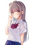  1girl absurdres arm_at_side bangs blue_skirt blush bow bowtie clenched_hand collared_shirt expressionless eyebrows_visible_through_hair finger_to_cheek grey_hair hand_up highres long_hair looking_at_viewer love_live! love_live!_school_idol_project minami_kotori moyui_(myi_005) one_side_up otonokizaka_school_uniform pleated_skirt red_neckwear school_uniform shirt short_sleeves simple_background skirt solo sweat white_background white_shirt yellow_eyes 