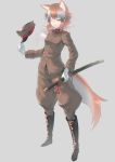  alternate_costume animal_ears boots check_commentary commentary_request full_body gloves hat hat_removed headwear_removed holding holding_sword holding_weapon imperial_japanese_army japanese_wolf_(kemono_friends) katana kemono_friends long_hair military military_hat military_uniform multicolored_hair one_eye_closed orange_hair puffy_pants saya_(scabbard) sheath sheathed simple_background st.takuma sword tail two-tone_hair uniform weapon white_gloves white_hair yellow_eyes 