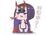  1girl :d black_panties blush chibi commentary_request cup eyebrows_visible_through_hair fang fate/grand_order fate_(series) flat_chest headpiece highres horns japanese_clothes jitome kimono long_sleeves navel oni oni_horns open_clothes open_kimono open_mouth panties purple_hair purple_kimono rei_(rei_rr) sakazuki short_hair shuten_douji_(fate/grand_order) simple_background smile solo standing translated underwear violet_eyes white_background 