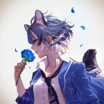  1girl animal_ear_fluff animal_ears backlighting bangs blue_flower blue_hair blue_jacket blue_neckwear blue_rose commentary_request dress_shirt extra_ears flower from_side highres holding holding_flower jacket kemono_friends maltese_tiger_(kemono_friends) multicolored_hair necktie nose open_clothes open_jacket petals profile realistic rose shirt short_hair smelling smile solo tail tail_raised takami_masahiro tiger_ears tiger_girl tiger_tail upper_body white_hair white_shirt yellow_eyes 