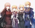 4girls :d anniversary artoria_pendragon_(all) artoria_pendragon_(lancer) asymmetrical_clothes bangs bare_shoulders black_bow black_choker black_dress black_gloves black_jacket black_neckwear blonde_hair blue_cape blue_eyes blue_legwear blush bow breasts cape character_request chihuri choker closed_mouth collared_shirt copyright_name dress elbow_gloves eyebrows_visible_through_hair fate/grand_order fate_(series) flower gloves green_eyes grey_background gun hair_between_eyes hair_flower hair_ornament jacket jacket_on_shoulders jeanne_d&#039;arc_(fate) jeanne_d&#039;arc_(fate)_(all) large_breasts light_brown_hair long_hair long_sleeves multicolored multicolored_cape multicolored_clothes multiple_girls necktie open_mouth pink_flower purple_dress red_eyes red_jacket red_skirt see-through shirt side_ponytail sidelocks simple_background skirt sleeveless sleeveless_dress sleeves_past_wrists smile sword thigh-highs weapon white_cape white_gloves white_shirt 
