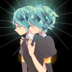  2others androgynous colored_eyelashes crystal_hair dual_persona elbow_gloves gem_uniform_(houseki_no_kuni) gloves glowing glowing_hair golden_arms green_eyes green_hair highres houseki_no_kuni hug hug_from_behind multiple_others necktie phosphophyllite short_hair upper_body 