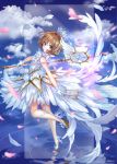  1girl antenna_hair bangs bare_shoulders between_fingers blue_sky brown_hair card card_captor_sakura clear_card clouds cloudy_sky commentary_request crown day dress eyebrows_visible_through_hair gloves green_eyes hair_between_eyes hair_intakes high_heels holding holding_card holding_staff kinomoto_sakura looking_at_viewer looking_to_the_side mini_crown outdoors petals pisuke shoes sky sleeveless sleeveless_dress solo staff standing standing_on_one_leg white_dress white_footwear white_gloves yume_no_tsue 