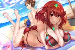  1boy 1girl ass beach beach_towel beach_umbrella between_breasts bikini breasts brown_hair butt_crack cleavage couple cute female_swimwear hand_on_own_face highres pyra_(xenoblade) large_breasts looking_at_viewer love lying male_swimwear monolith_soft nez-kun nintendo ocean on_stomach redhead rex_(xenoblade_2) short_hair smile spiky_hair summer swim_trunks swimsuit the_pose tiara towel umbrella water xenoblade_(series) xenoblade_2 