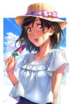  1girl black_hair clouds cloudy_sky dated flower food hair_flower hair_ornament hairclip hat highres open_mouth original popsicle short_hair signature sky solo straw_hat summer sun_hat watermelon_bar wedo yellow_eyes 