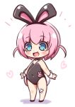  1girl :d animal_ears bangs bare_shoulders black_footwear black_leotard black_neckwear blue_eyes blush bow bowtie bunny_girl bunny_tail bunnysuit chibi commentary_request covered_navel crossed_bandaids eyebrows_visible_through_hair full_body hair_between_eyes heart kuwada_yuuki leotard name_tag open_mouth original pink_hair rabbit_ears smile solo standing strapless strapless_leotard tail white_background wrist_cuffs 