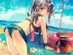  1girl armband ass back bag bangs beach bikini blue_bikini blue_sky blush brown_eyes clouds commentary_request day eyebrows_visible_through_hair flower frilled_bikini frills grey_hair hair_between_eyes hair_ornament hair_ribbon innertube kantai_collection kasumi_(kantai_collection) kneeling long_hair looking_at_viewer nanahamu ocean open_mouth outdoors ribbon sand side_ponytail sky solo swimsuit thighs water white_ribbon 