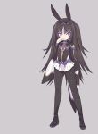  1girl animal_ears bangs black_hair black_jacket black_legwear blade_(galaxist) brown_hair commentary_request eyebrows_visible_through_hair finger_to_mouth grey_background jacket long_hair long_sleeves pantyhose pleated_skirt pop-up_story rabbit_ears sandals shizuka_himekami skirt sleeves_past_wrists solo standing two_side_up very_long_hair violet_eyes white_skirt 
