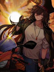  1girl bangs black_gloves breasts brown_hair clouds cloudy_sky denim eyewear_removed fate/grand_order fate_(series) fingerless_gloves gloves ground_vehicle hair_between_eyes hat holding holding_eyewear jacket jeans jewelry lens_flare long_hair long_sleeves looking_at_viewer marchab_66 military_hat motor_vehicle motorcycle necklace oda_nobunaga_(fate) open_clothes open_jacket pants peaked_cap pendant red_eyes shirt short_sleeves signature sitting skull_necklace sky solo sun sunglasses sunset wavy_hair white_shirt 