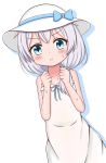  1girl :t bangs benghuai_xueyuan blue_bow blue_ribbon blush bow closed_mouth collarbone commentary_request dress dutch_angle eyebrows_visible_through_hair hair_between_eyes hair_over_shoulder hands_up hat hat_bow highres honkai_impact jiu_(sdesd3205) long_hair pout ribbon silver_hair sleeveless sleeveless_dress solo sun_hat sweat theresa_apocalypse v-shaped_eyebrows white_background white_dress white_hat 