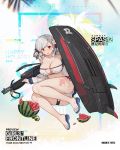  1girl alternate_costume arm_support bangs bikini black_ribbon blush braid breasts cleavage collarbone damaged eyebrows_visible_through_hair flower food fruit girls_frontline gun hair_flower hair_ornament hair_ribbon hand_up head_tilt holding_surfboard jacket keychain large_breasts long_hair long_sleeves looking_at_viewer lying navel official_art open_clothes open_jacket open_mouth red_eyes ribbon sandals shotgun shotgun_shells shotgun_speed_loader side-tie_bikini silver_hair skindentation solo spas-12 spas-12_(girls_frontline) splatter stomach strap swimsuit terras thighs torn_clothes twintails watermelon wavy_hair weapon 