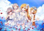  4girls :d ahoge alternate_costume azur_lane bangs bare_shoulders blonde_hair blue_sky blush breasts cleveland_(azur_lane) closed_eyes closed_mouth clouds collarbone columbia_(azur_lane) day denver_(azur_lane) dress dress_lift elbow_gloves eyebrows_visible_through_hair eyewear_on_head flower gloves hair_between_eyes hair_ornament halter_dress hand_behind_head hand_up leaning_forward lifted_by_self long_hair montpelier_(azur_lane) multiple_girls nagu ocean one_side_up open_mouth outdoors parted_lips partially_submerged petals pointing pointing_at_viewer red_eyes rose rose_in_hair scrunchie shaded_face signature sky smile sparkle sunglasses very_long_hair wedding_dress white_dress white_flower white_gloves white_rose 