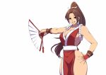  breasts cleavage fan fatal_fury folding_fan hand_on_hip high_ponytail kuma8132 ninja pelvic_curtain ponytail revealing_clothes rope shiranui_mai sideboob smile snk the_king_of_fighters 